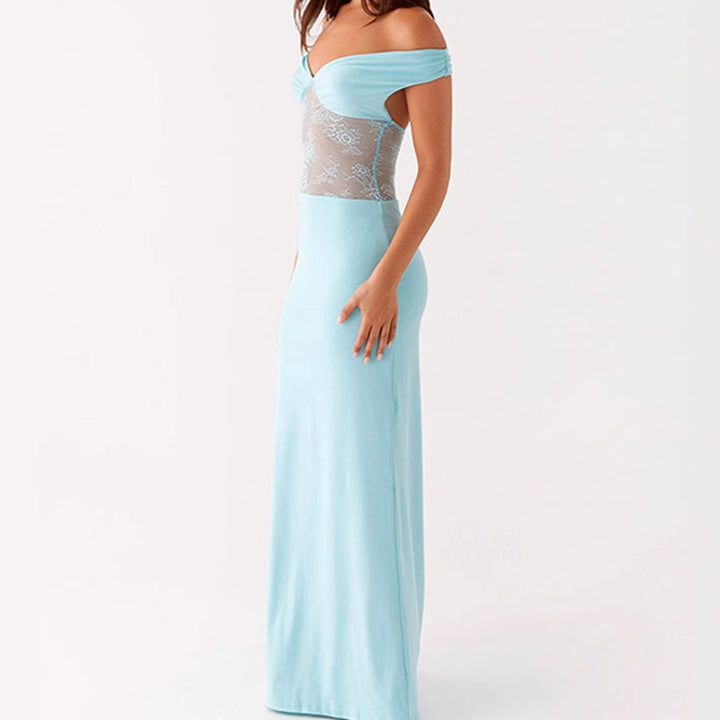 Damer Elegant Off-Shoulder Maxiklänning med genomskinlig spetsöverdel och smal elastisk fåll Mirla-Eva Jonsson