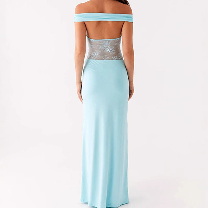 Damer Elegant Off-Shoulder Maxiklänning med genomskinlig spetsöverdel och smal elastisk fåll Mirla-Eva Jonsson
