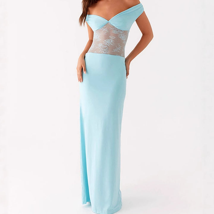 Damer Elegant Off-Shoulder Maxiklänning med genomskinlig spetsöverdel och smal elastisk fåll Mirla-Eva Jonsson