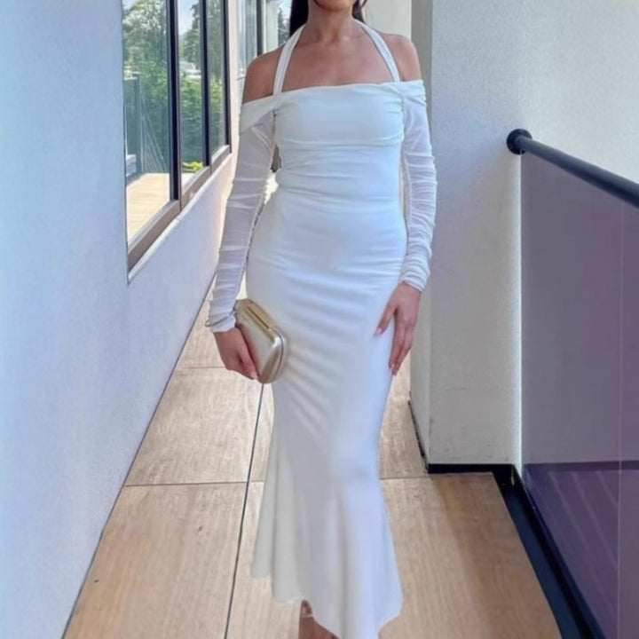 Damer Elegant Off-Shoulder Maxiklänning med smala Spaghettiband och transparenta ärmar Mirla-Eva Jonsson