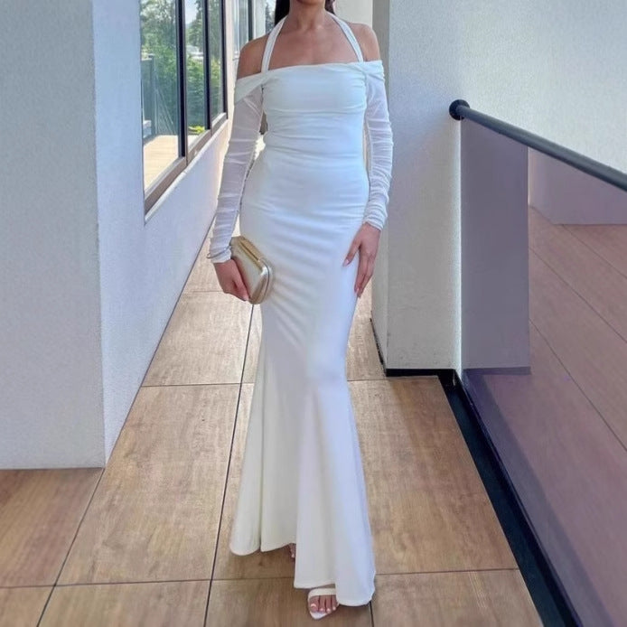Damer Elegant Off-Shoulder Maxiklänning med smala Spaghettiband och transparenta ärmar Mirla-Eva Jonsson