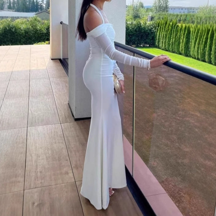 Damer Elegant Off-Shoulder Maxiklänning med smala Spaghettiband och transparenta ärmar Mirla-Eva Jonsson