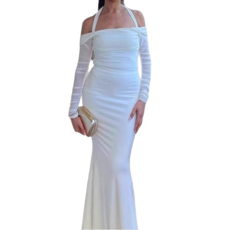 Damer Elegant Off-Shoulder Maxiklänning med smala Spaghettiband och transparenta ärmar Mirla-Eva Jonsson