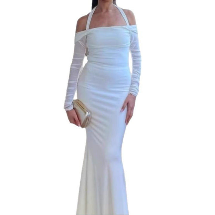 Damer Elegant Off-Shoulder Maxiklänning med smala Spaghettiband och transparenta ärmar Mirla-Eva Jonsson