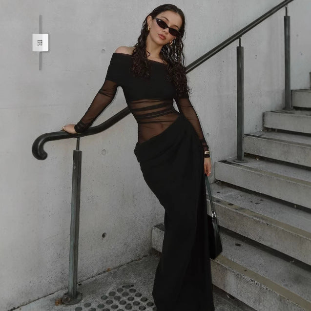 Damer Elegant Off-Shoulder Maxiklänning med transparenta insatser och rynkat design Eva Jonsson-Eva Jonsson