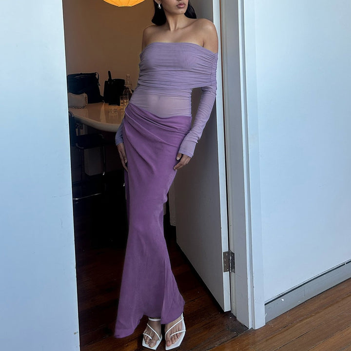 Damer Elegant Off-Shoulder Maxiklänning med transparenta insatser och rynkat design Eva Jonsson-Eva Jonsson