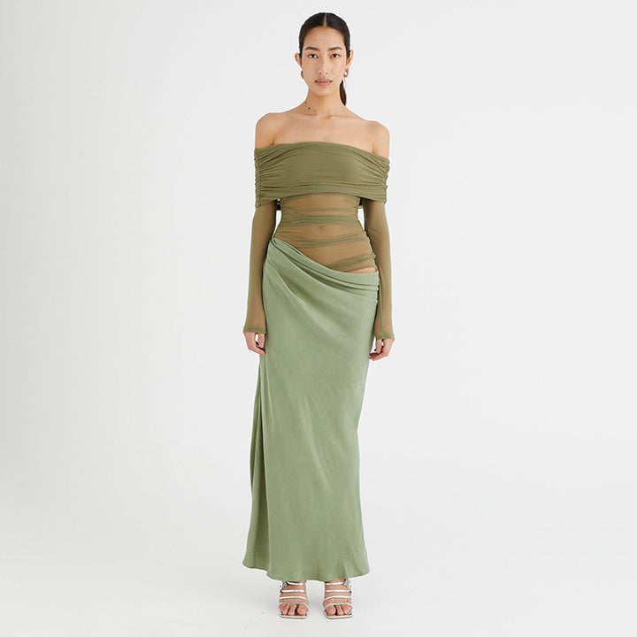 Damer Elegant Off-Shoulder Maxiklänning med transparenta insatser och rynkat design Eva Jonsson-Eva Jonsson