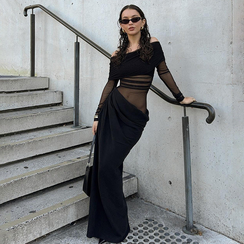 Damer Elegant Off-Shoulder Maxiklänning med transparenta insatser och rynkat design Eva Jonsson-Eva Jonsson