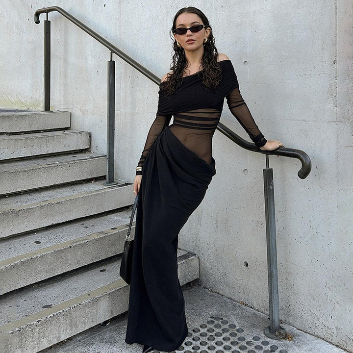 Damer Elegant Off-Shoulder Maxiklänning med transparenta insatser och rynkat design Eva Jonsson-Eva Jonsson