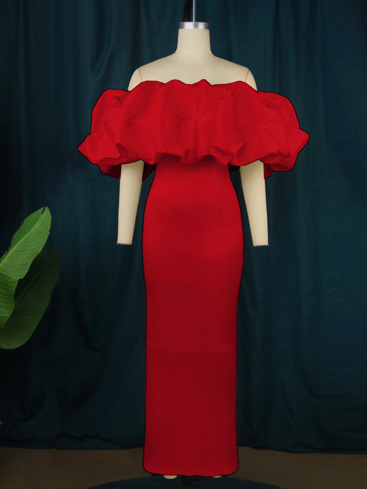 Damer Elegant Off-Shoulder Maxiklänning med voluminösa volangkanter Mirla-Eva Jonsson