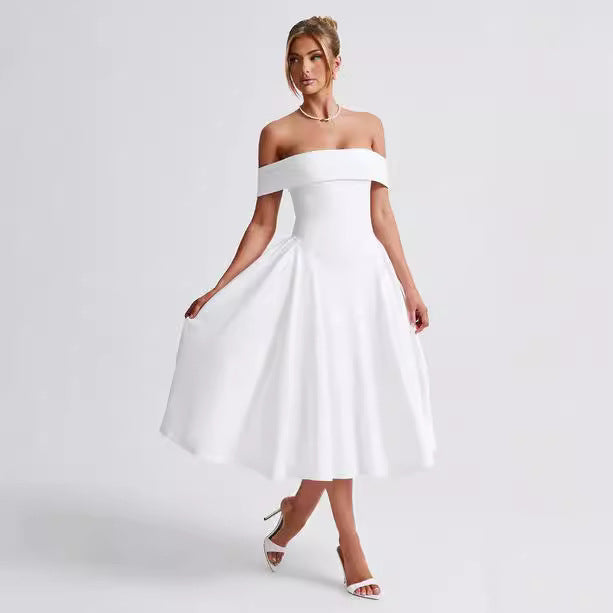 Damer Elegant Off-Shoulder Midiklänning med utstickande veck och fickor Mirla-Eva Jonsson