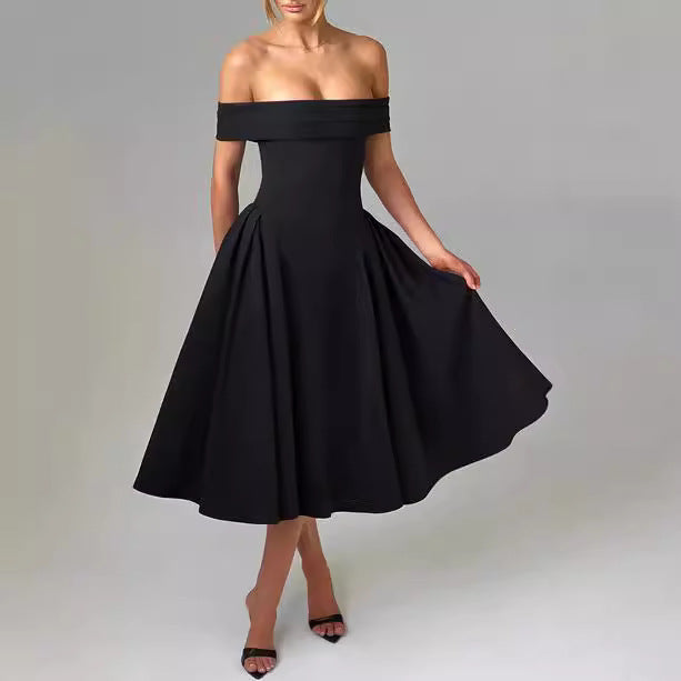 Damer Elegant Off-Shoulder Midiklänning med utstickande veck och fickor Mirla-Eva Jonsson
