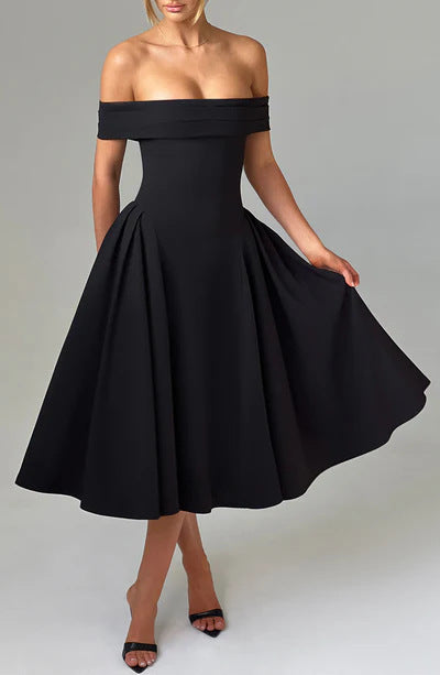 Damer Elegant Off-Shoulder Midiklänning med utstickande veck och fickor Mirla-Eva Jonsson