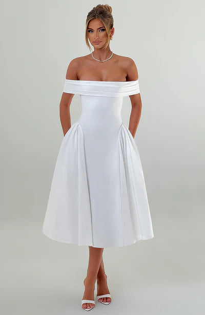 Damer Elegant Off-Shoulder Midiklänning med utstickande veck och fickor Mirla-Eva Jonsson