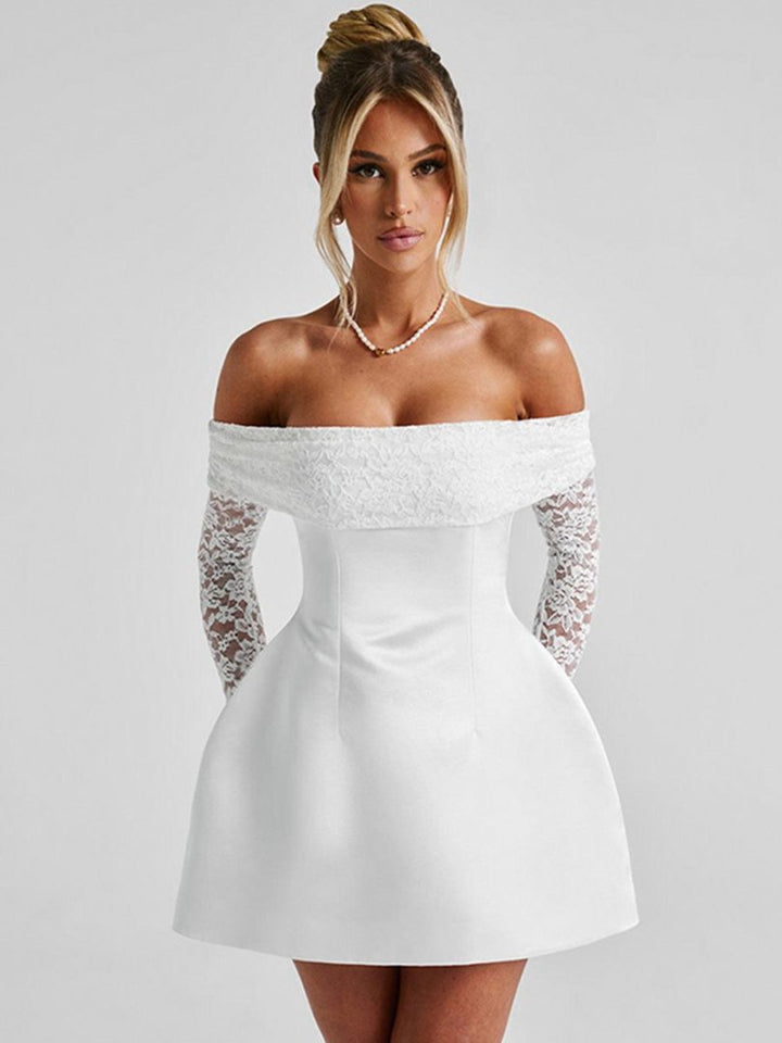 Damer Elegant Off-Shoulder Miniklänning med Spetsärmar och Figursydd Passform Mirla-Eva Jonsson