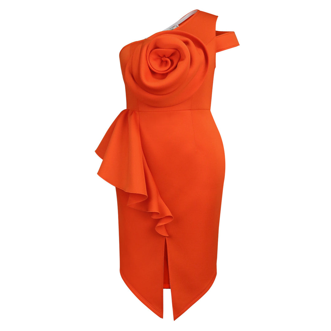 Damer Elegant One-Shoulder Klänning med Dekorativ Blomma och Asymmetrisk Nedtill Mirla-Eva Jonsson