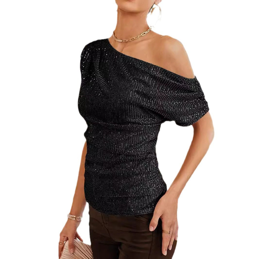 Damer Elegant One-Shoulder Topp med skimrande Stickad Design Mirla-Eva Jonsson