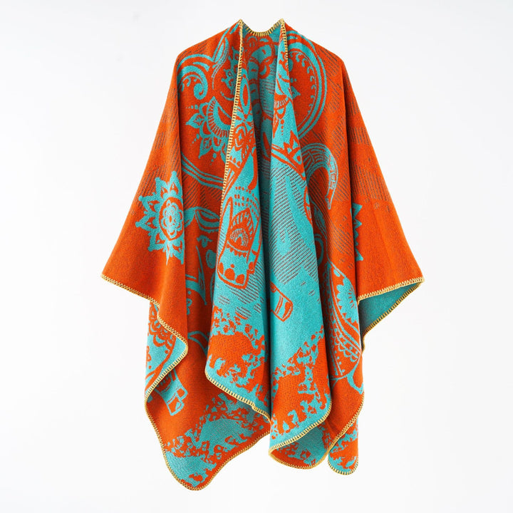 Damer Elegant Övergångs-Poncho med Konstnärligt Blommönster och Fransiga Avslutningar Mirla-Eva Jonsson