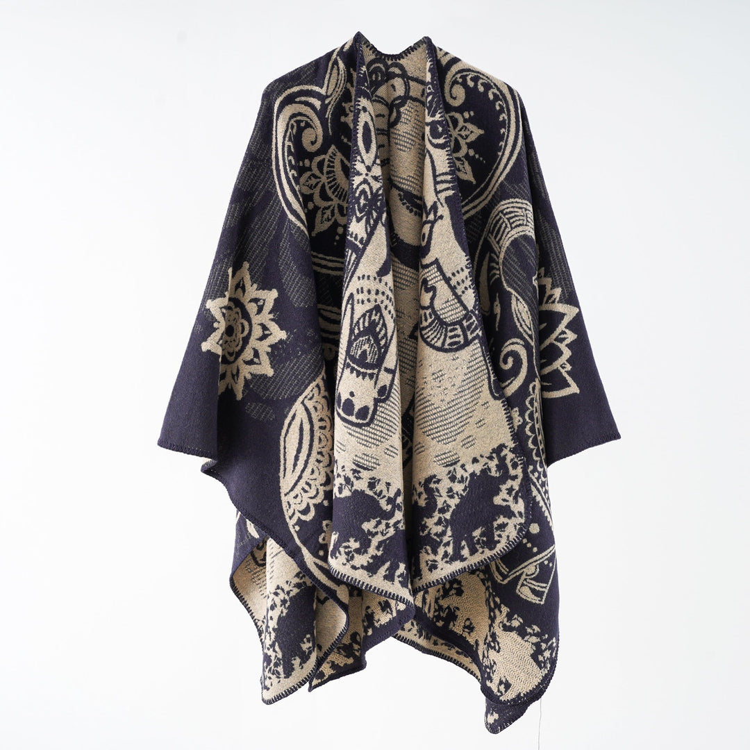 Damer Elegant Övergångs-Poncho med Konstnärligt Blommönster och Fransiga Avslutningar Mirla-Eva Jonsson