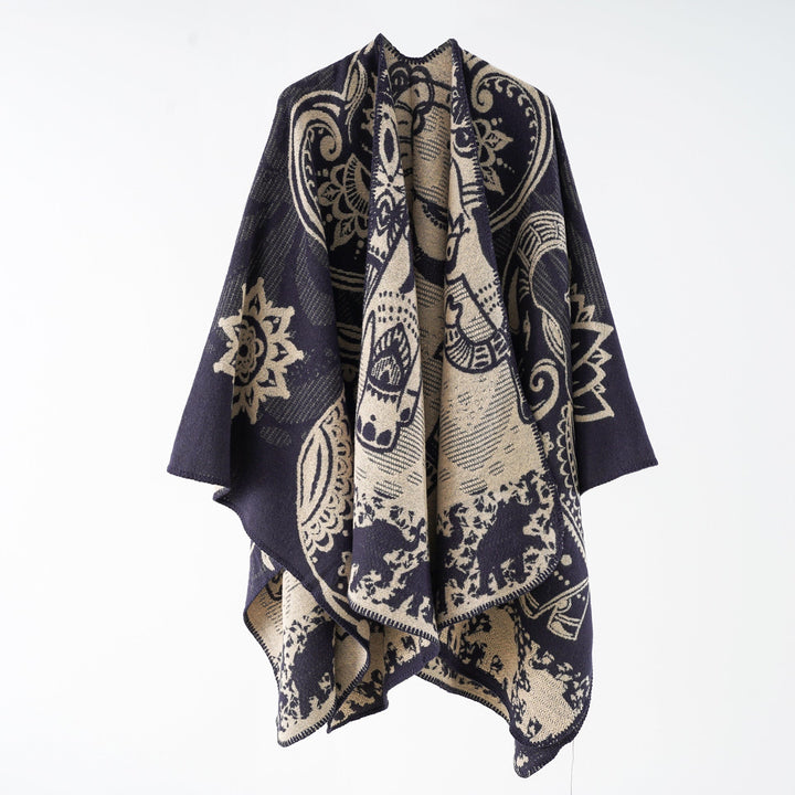 Damer Elegant Övergångs-Poncho med Konstnärligt Blommönster och Fransiga Avslutningar Mirla-Eva Jonsson