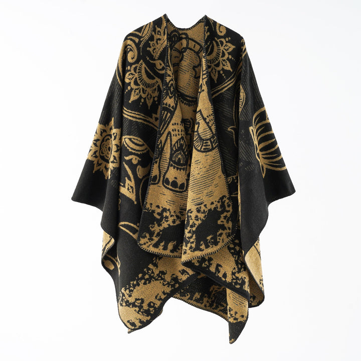 Damer Elegant Övergångs-Poncho med Konstnärligt Blommönster och Fransiga Avslutningar Mirla-Eva Jonsson