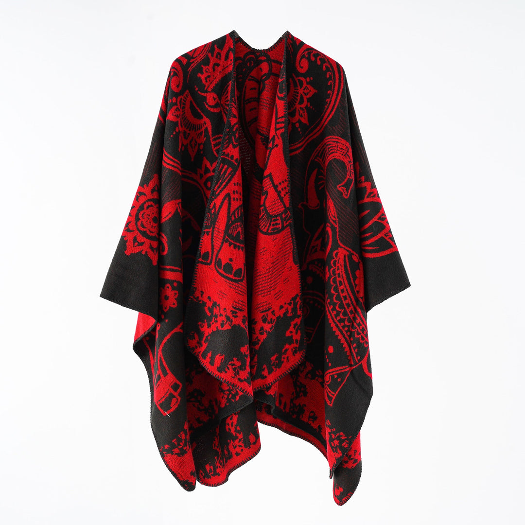 Damer Elegant Övergångs-Poncho med Konstnärligt Blommönster och Fransiga Avslutningar Mirla-Eva Jonsson
