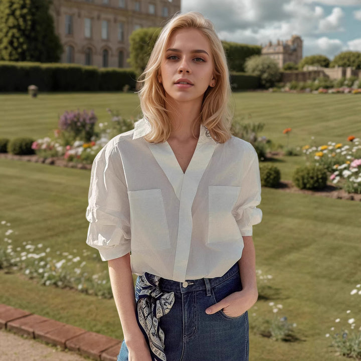 Damer Elegant Oversized Blus av högkvalitativ bomullsmix med dold knappslå Mirla-Eva Jonsson