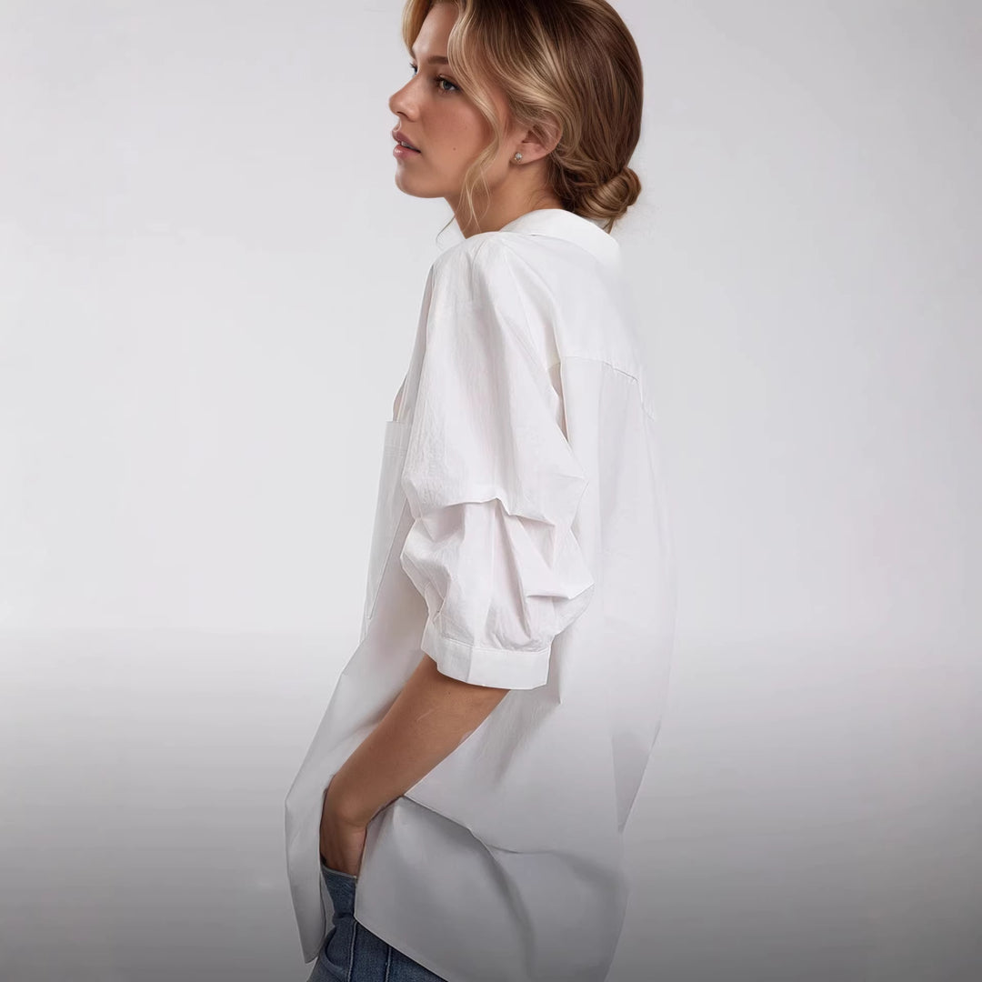 Damer Elegant Oversized Blus av högkvalitativ bomullsmix med dold knappslå Mirla-Eva Jonsson