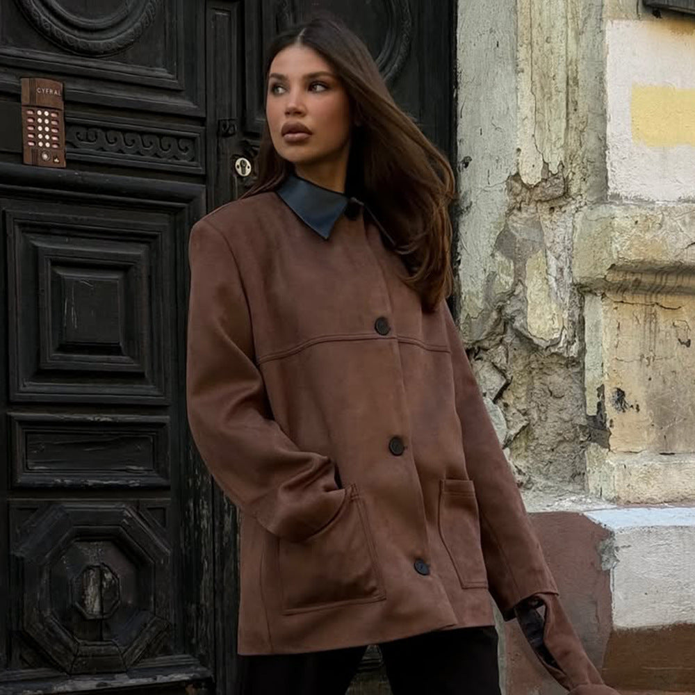 Damer Elegant Oversized Jacka med Läderkrage och praktiska Fickor Mirla-Eva Jonsson