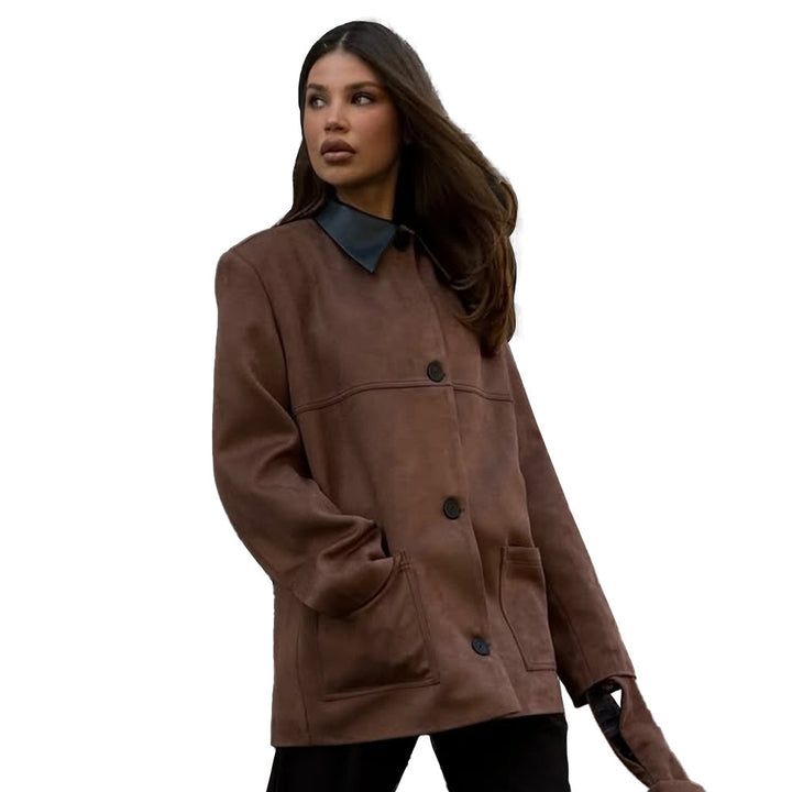 Damer Elegant Oversized Jacka med Läderkrage och praktiska Fickor Mirla-Eva Jonsson