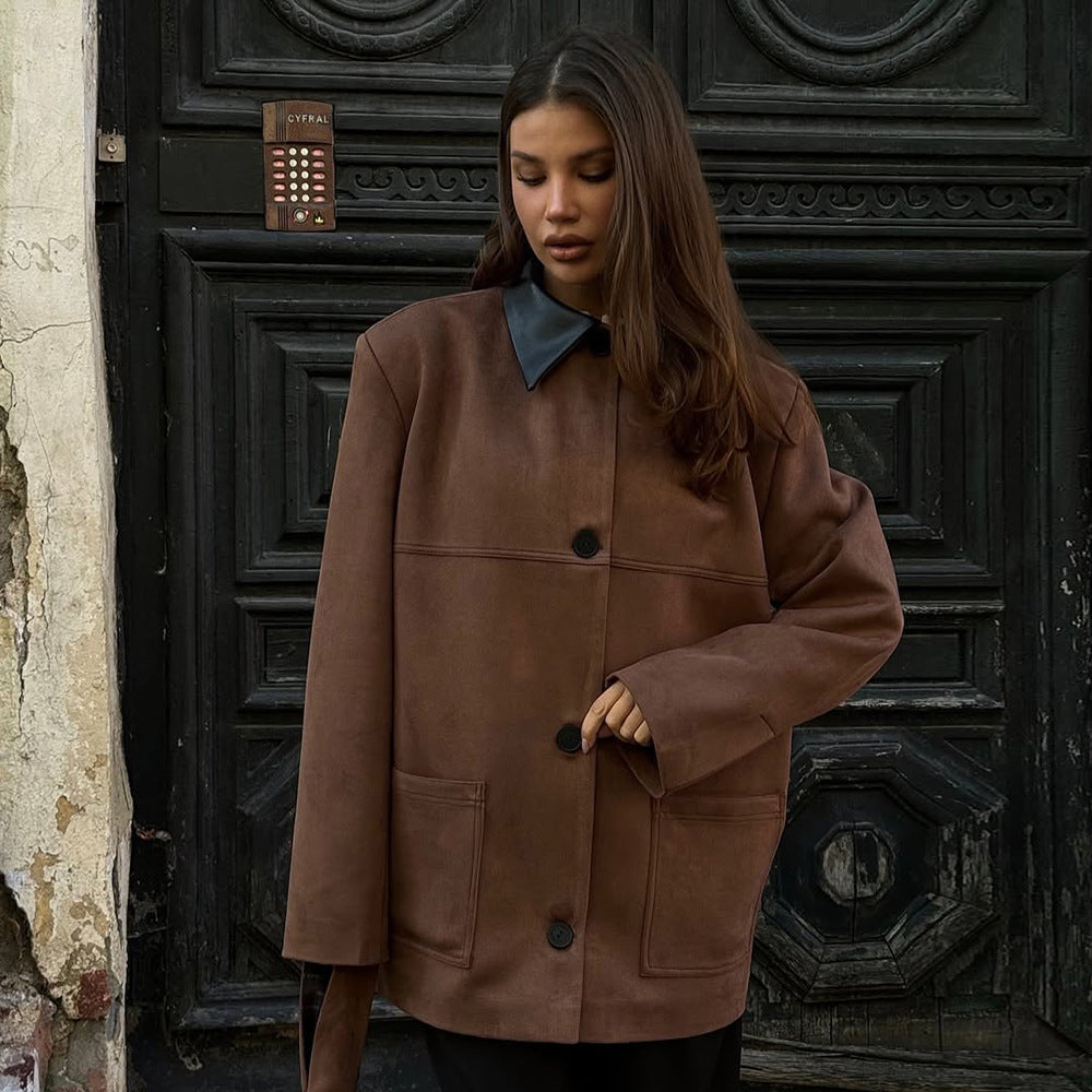 Damer Elegant Oversized Jacka med Läderkrage och praktiska Fickor Mirla-Eva Jonsson