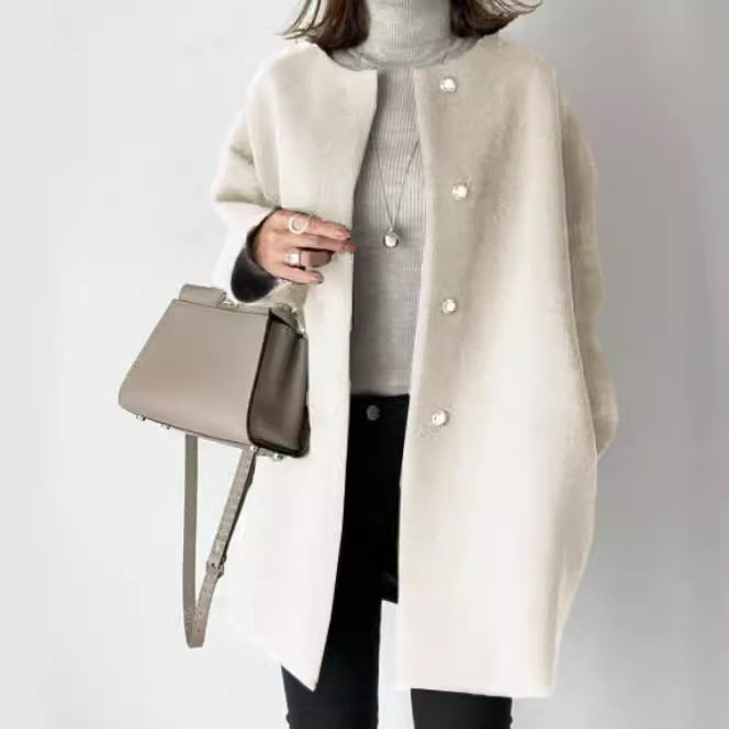 Damer Elegant Oversized Ullkappa med Dubbla Knappstängningar och Sidofickor Mirla-Eva Jonsson