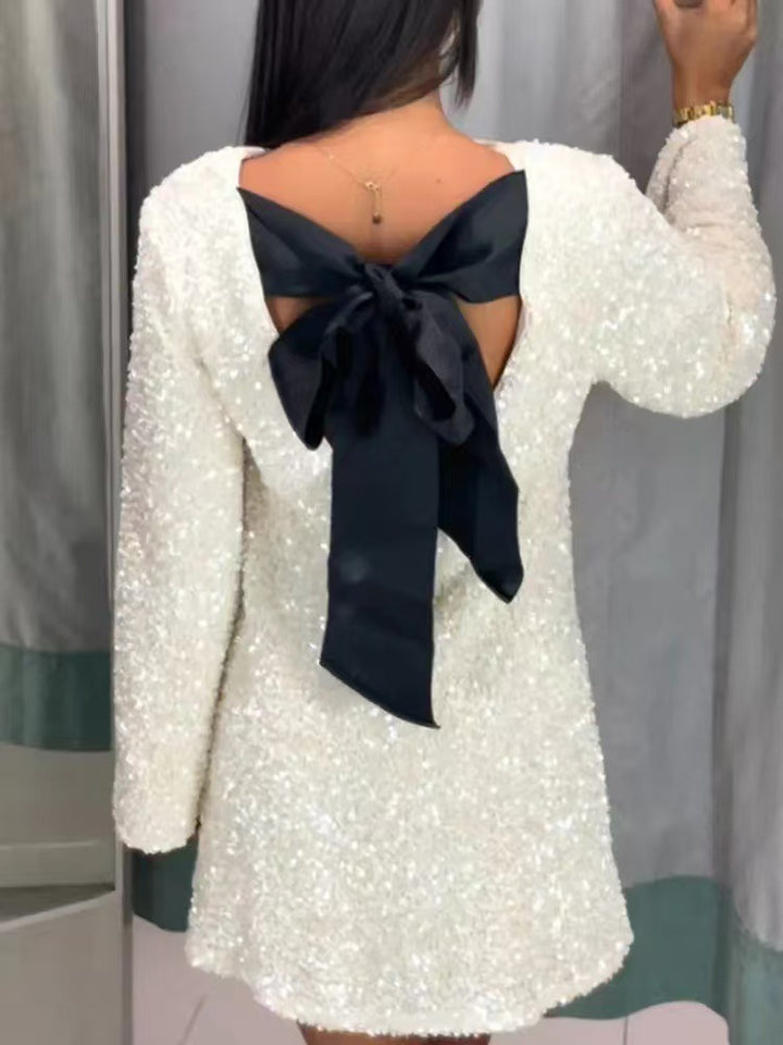 Damer Elegant Paillett Miniklänning med voluminösa ärmar och Rundhals Eva Jonsson-Eva Jonsson