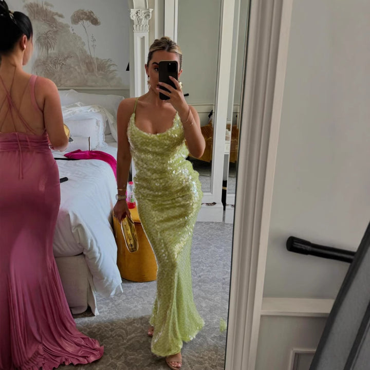 Damer Elegant Paljett Maxi Klänning med Förförisk Udd och Smala Spaghettiband-Eva Jonsson