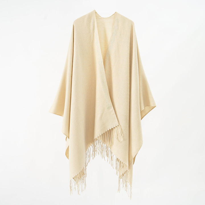 Damer Elegant Poncho med Blommigt Broderimönster och Fransiga Kants Mirla-Eva Jonsson