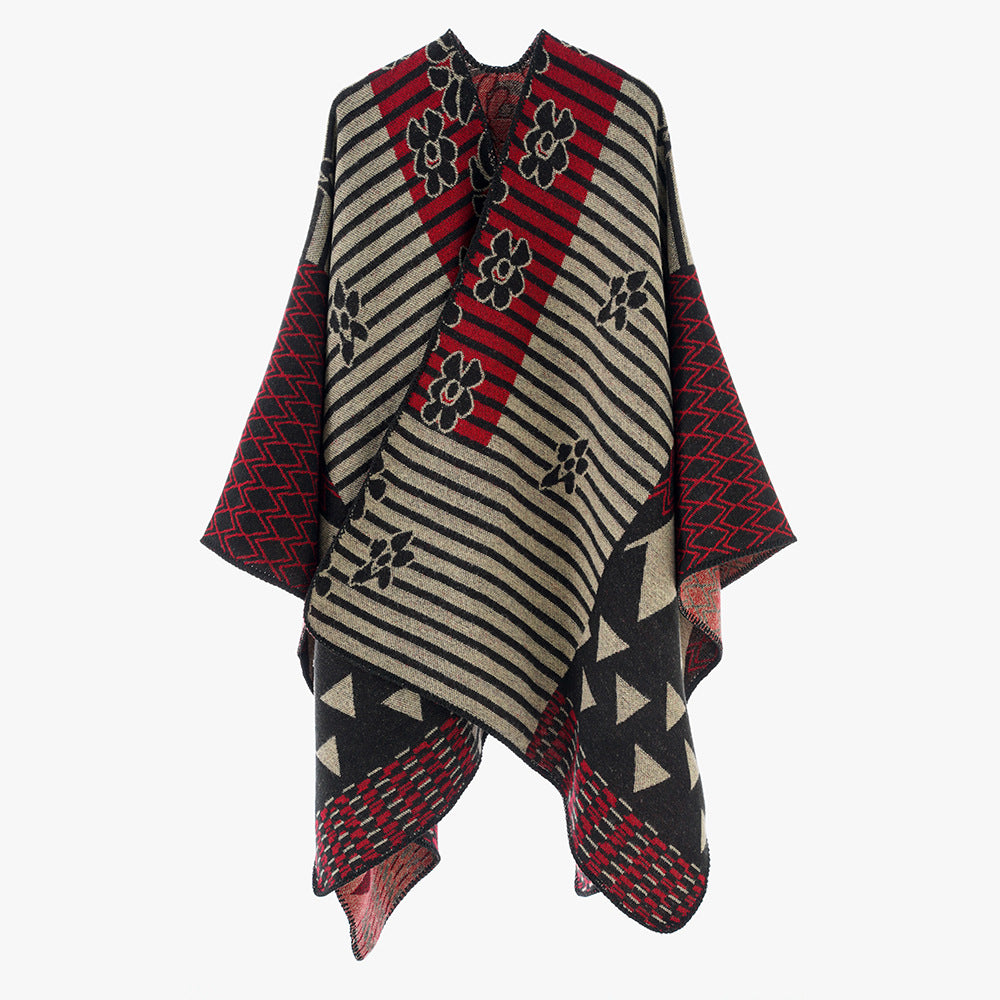 Damer Elegant Poncho med Grafiskt Mönster och Mjuka Fransar Mirla-Eva Jonsson