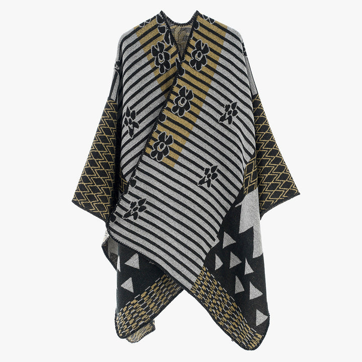 Damer Elegant Poncho med Grafiskt Mönster och Mjuka Fransar Mirla-Eva Jonsson
