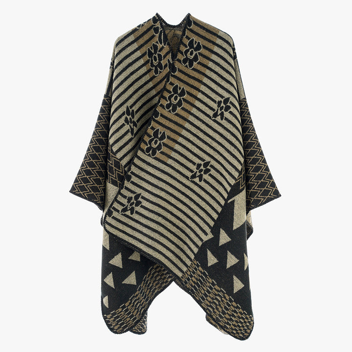 Damer Elegant Poncho med Grafiskt Mönster och Mjuka Fransar Mirla-Eva Jonsson