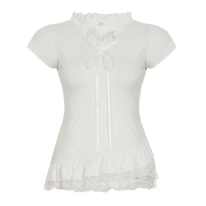 Damer Elegant Ruffled Top med feminin snörning och svala spetsdetaljer Mirla-Eva Jonsson