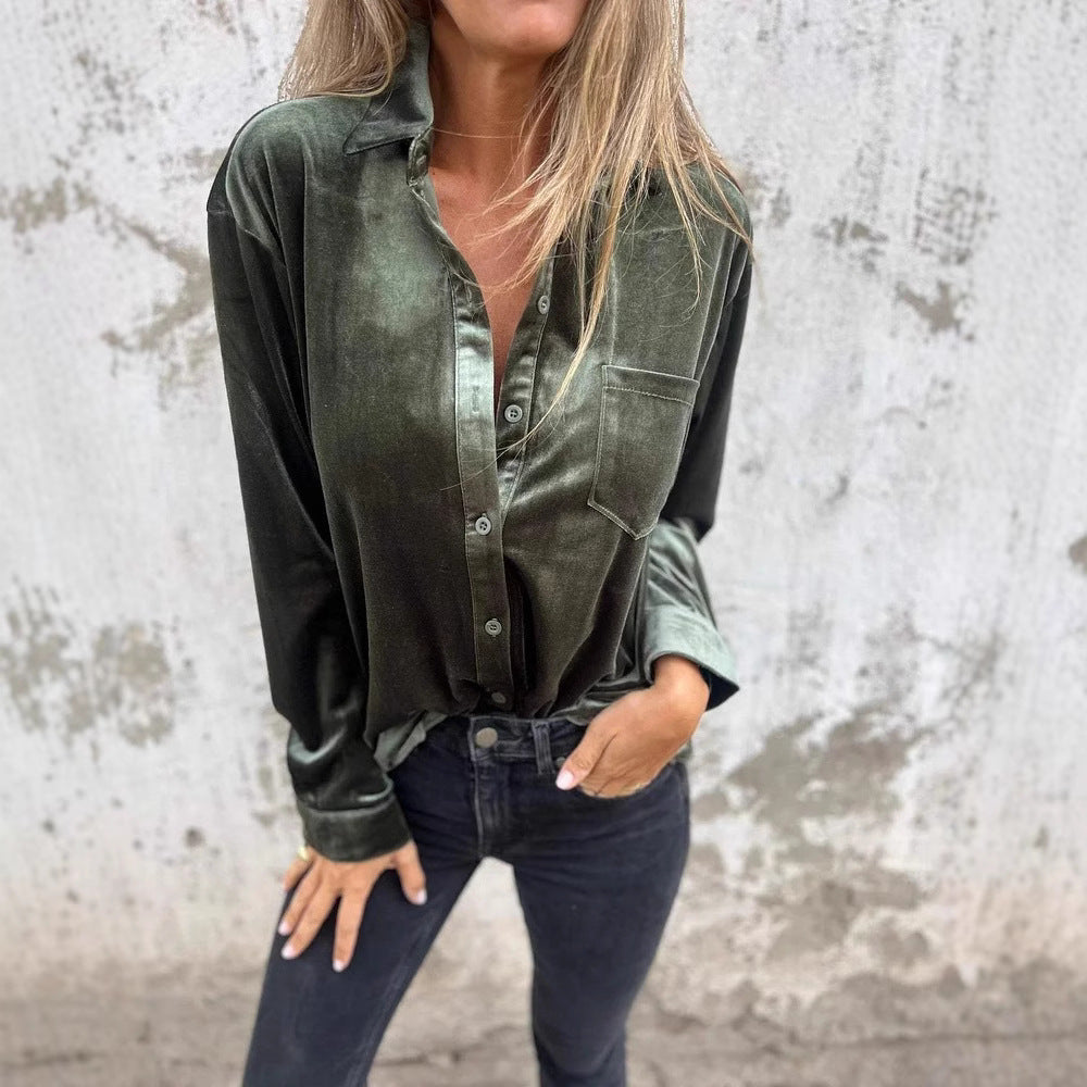Damer Elegant Samtblus med klassisk skjortkrage och långa ärmar Mirla-Eva Jonsson