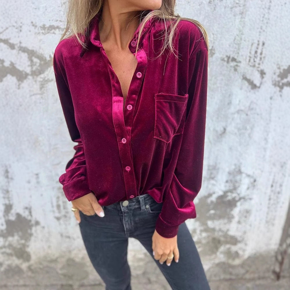 Damer Elegant Samtblus med klassisk skjortkrage och långa ärmar Mirla-Eva Jonsson
