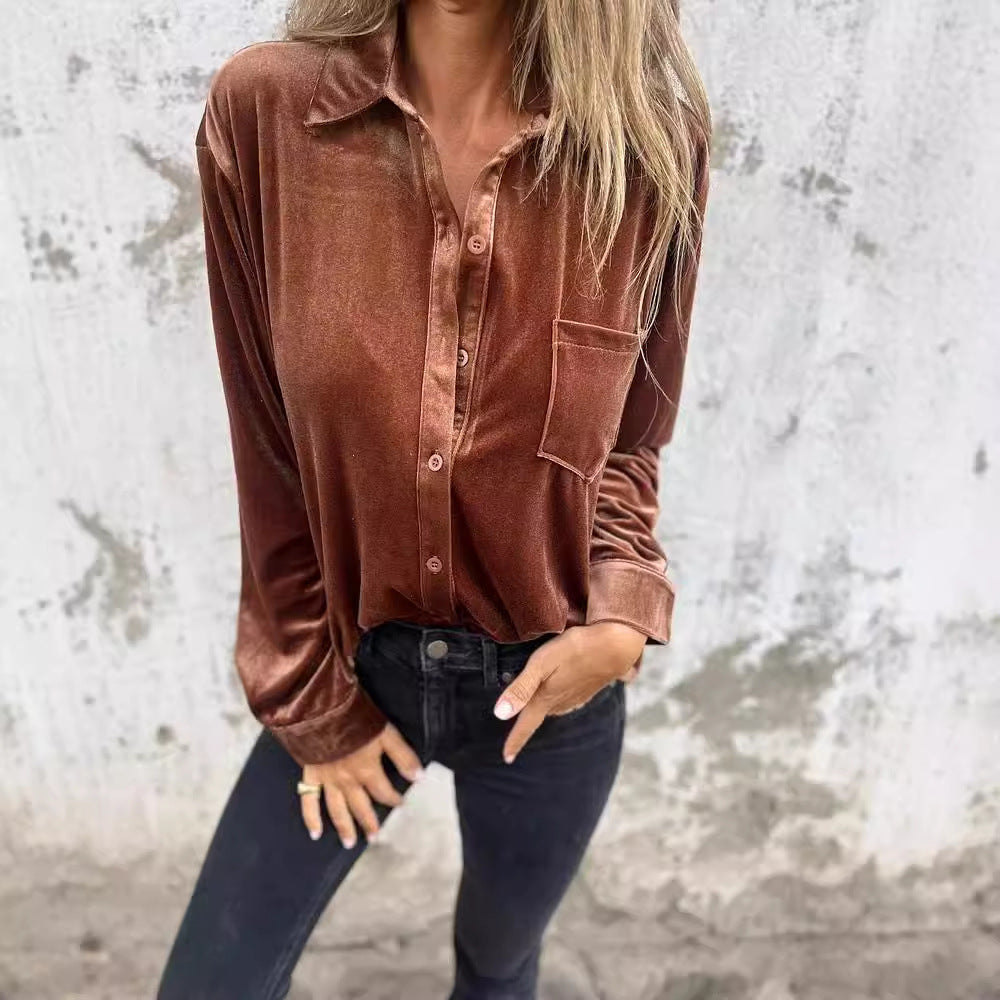 Damer Elegant Samtblus med klassisk skjortkrage och långa ärmar Mirla-Eva Jonsson