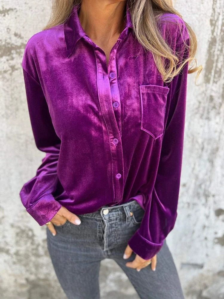 Damer Elegant Samtblus med klassisk skjortkrage och långa ärmar Mirla-Eva Jonsson