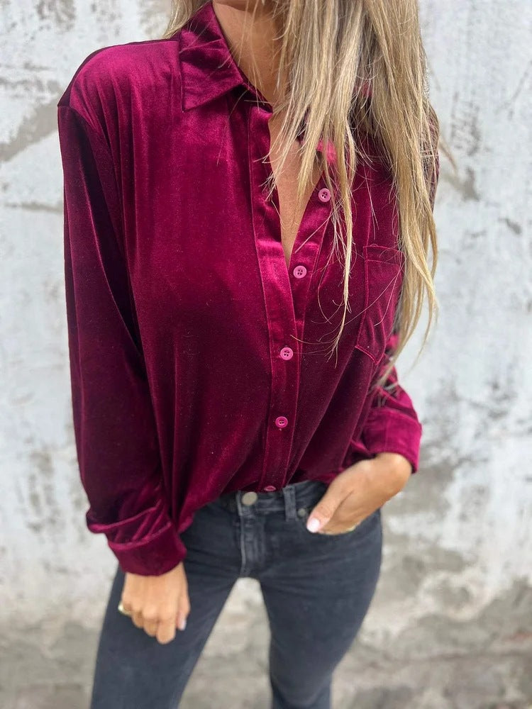 Damer Elegant Samtblus med klassisk skjortkrage och långa ärmar Mirla-Eva Jonsson