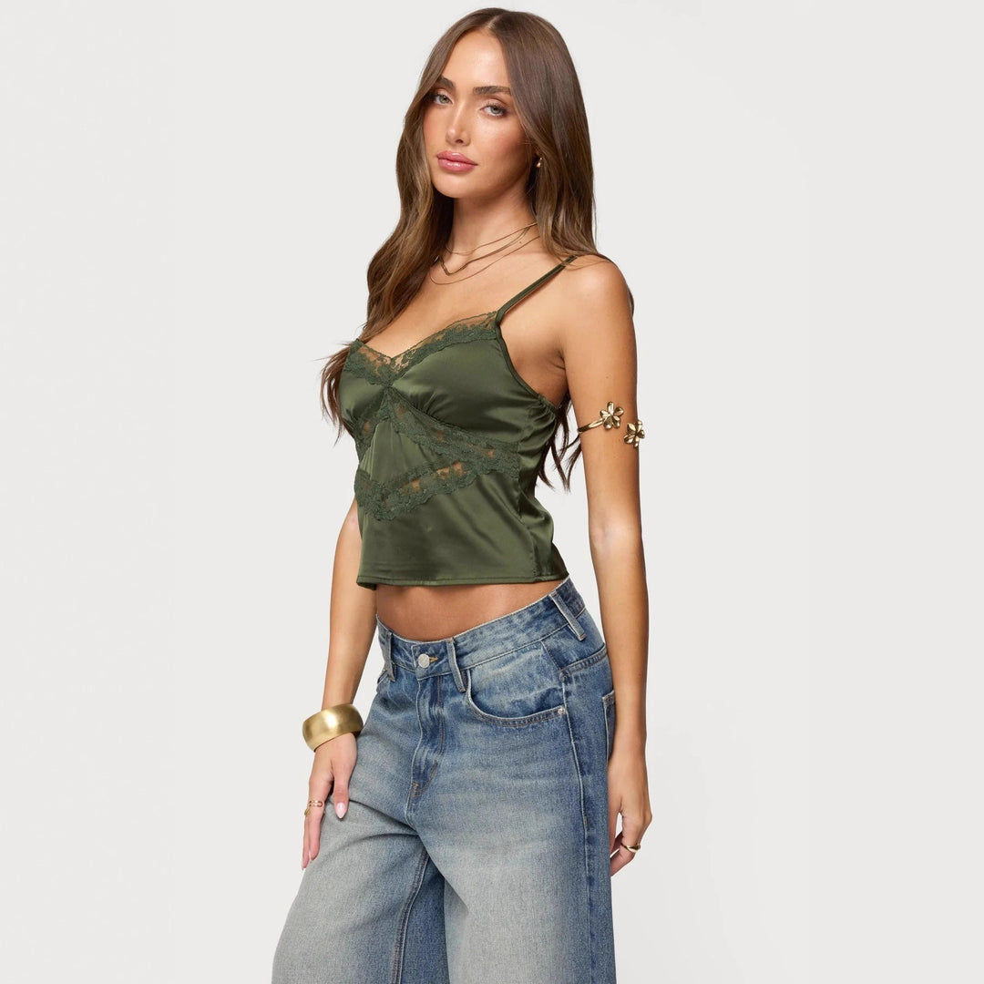 Damer Elegant Satin Cami Top med Spetsdekorationer Mirla-Eva Jonsson
