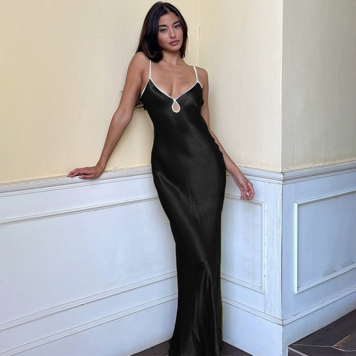 Damer Elegant Satin-Maxikjol med justerbara spaghettirem och djup V-ringning Mirla-Eva Jonsson
