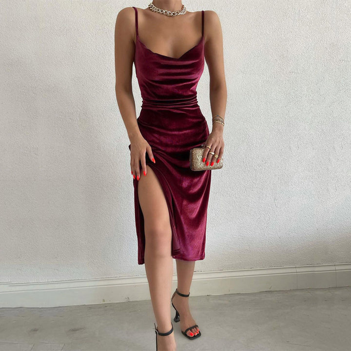 Damer Elegant Satin-Midiklänning med Drapering och Sidslits Mirla-Eva Jonsson