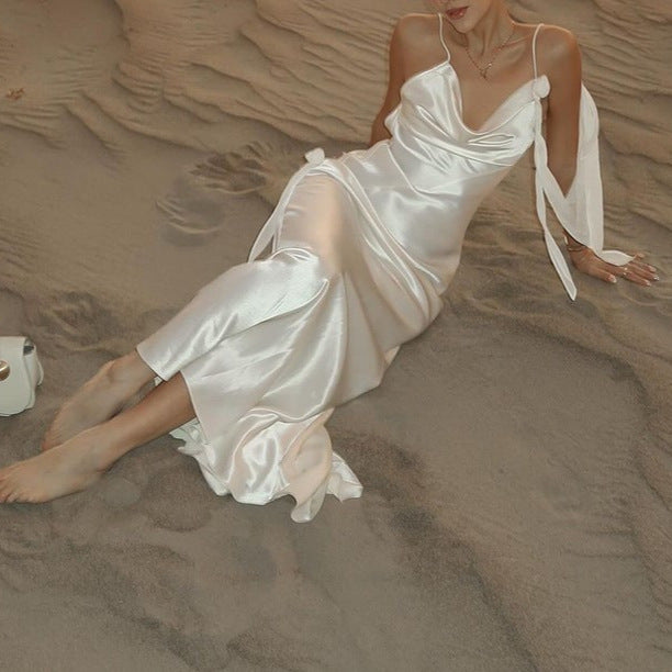Damer Elegant Satin-Wrap Klänning med förförisk U-ringning och Spagetti-remmar Mirla-Eva Jonsson