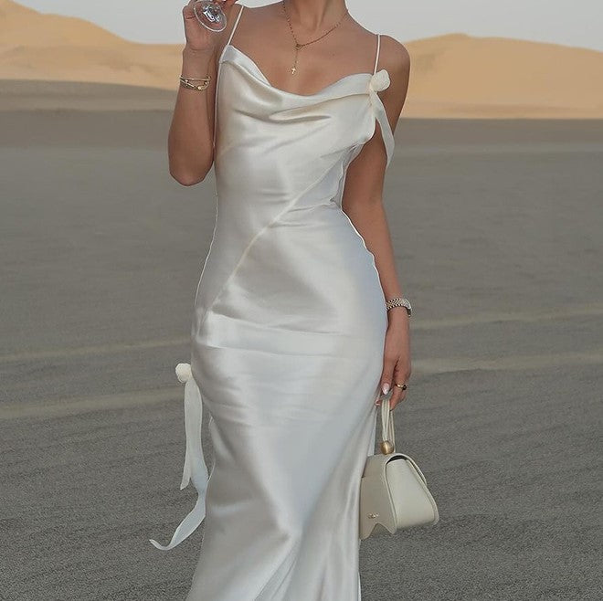 Damer Elegant Satin-Wrap Klänning med förförisk U-ringning och Spagetti-remmar Mirla-Eva Jonsson