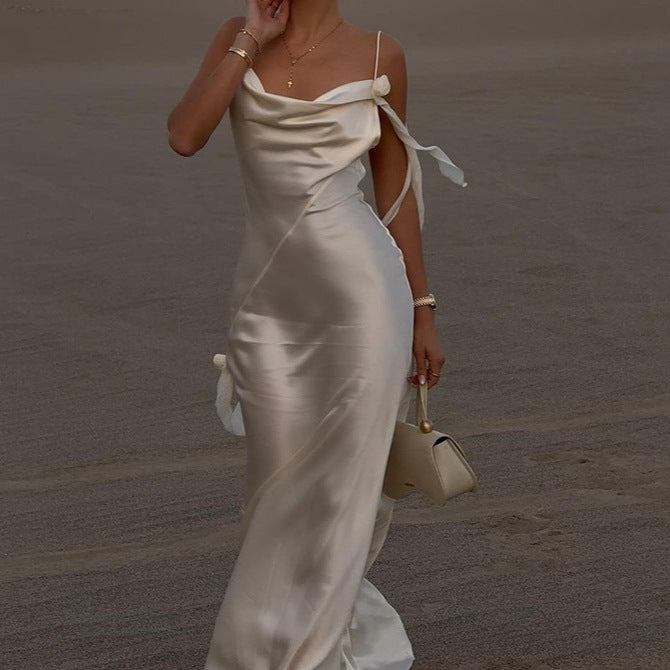 Damer Elegant Satin-Wrap Klänning med förförisk U-ringning och Spagetti-remmar Mirla-Eva Jonsson